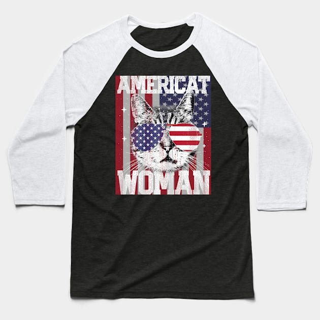 Americat Woman American Flag 4th Of July Cat Meowica Baseball T-Shirt by Jannysingle